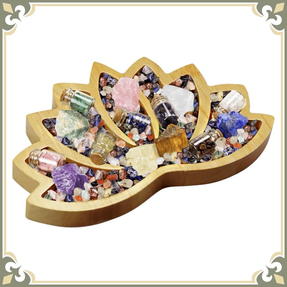 Wooden Crystal Display Holder Lotus Shaped Healing Stones Tray Desktop Organizer - Picture 5 of 6